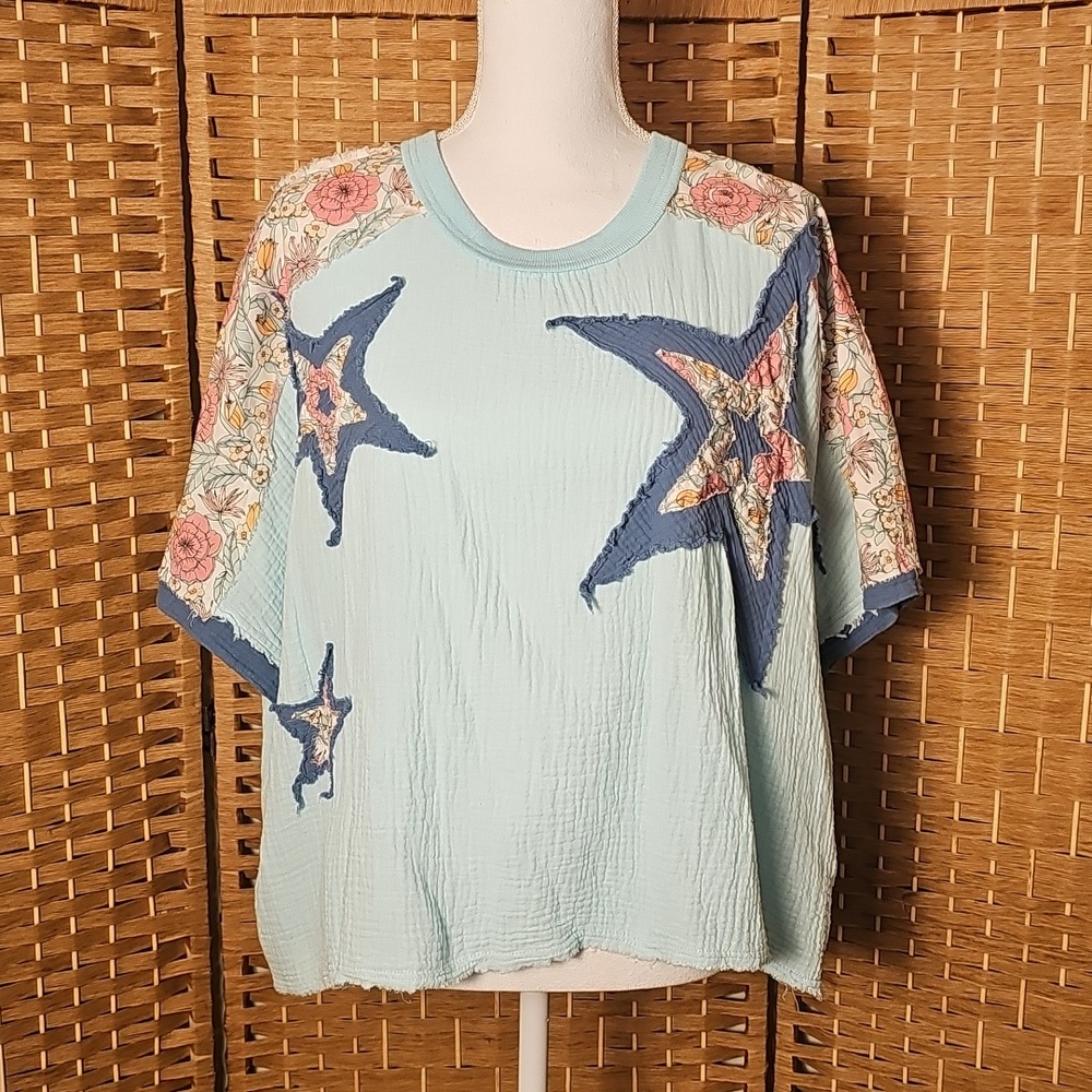 BiBi Short Sleeve Star Top Light Blue Oversized S